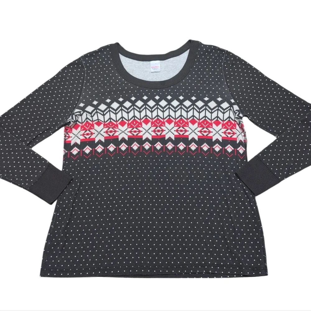 Hanna Andersson Pajama Long Sleeve Top Black Red Snowflake Fair Isle Print XL‎